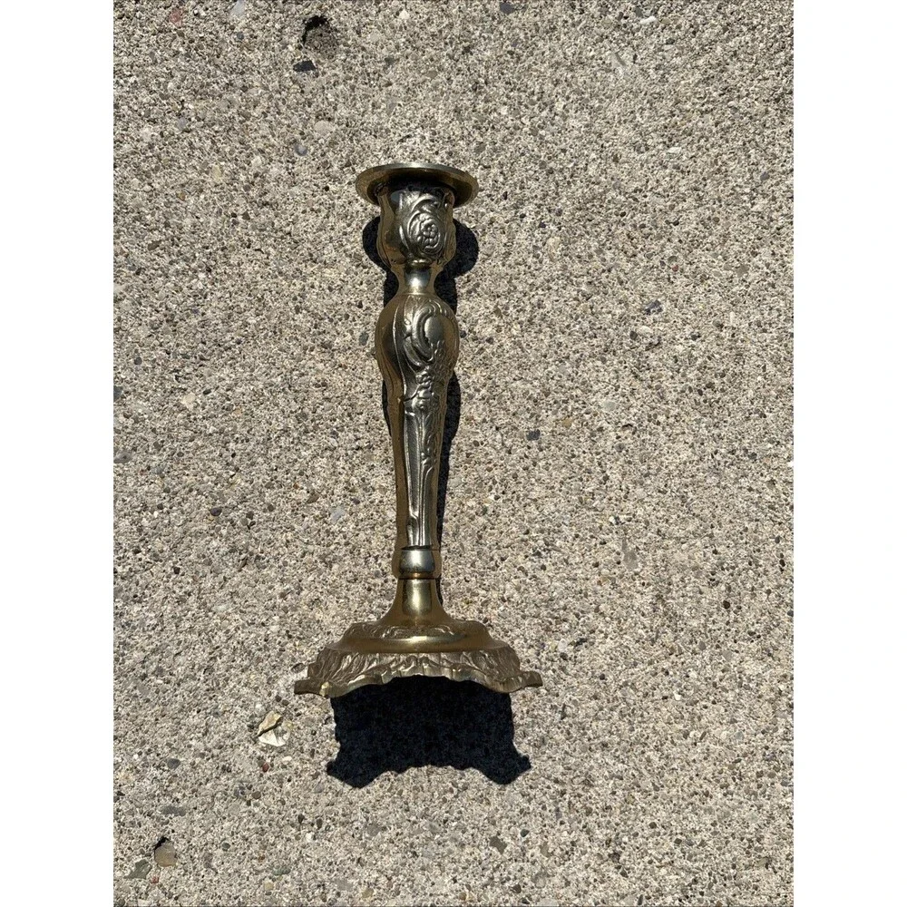 Vintage Brass Candlestick Rococo Baroque Floral Taper India Victorian Heavy